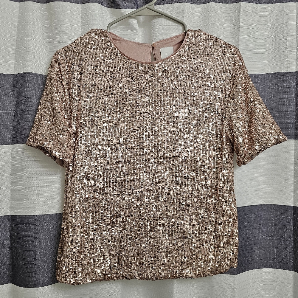 H&M Gold Sequin Blouse Short Sleeves